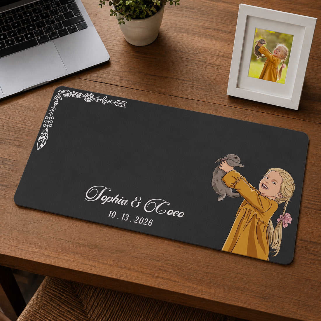 Custom Pet & Owner Photo Illustration Desk Mat with Personalized Text, Custom Animal Lover Workspace Gift