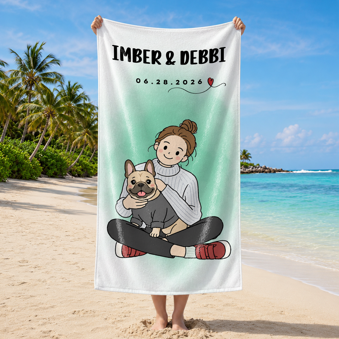 Custom Pet and Owner Funny Doodle Beach Towel with Personalized Text, Cute Summer Keepsake Gift