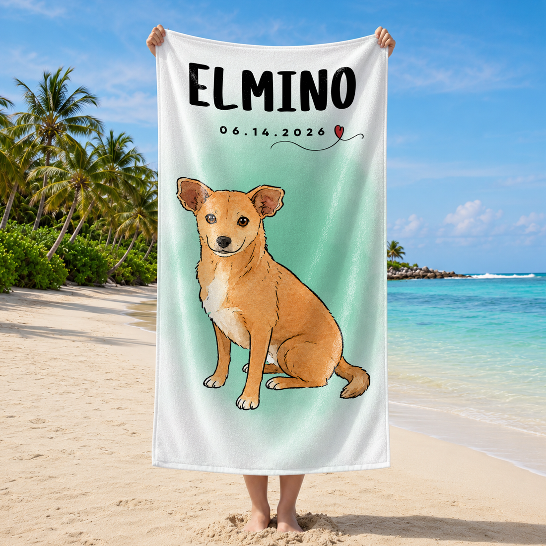 Custom Pet Portrait Watercolor Doodle Beach Towel with Personalized Text, Cute Summer Gift for Pet Lovers