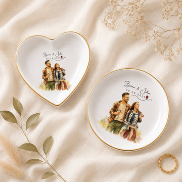 Personalized Young and Older Couple Watercolor Trinket Dish with Custom Text, Romantic Anniversary Keepsake Gift