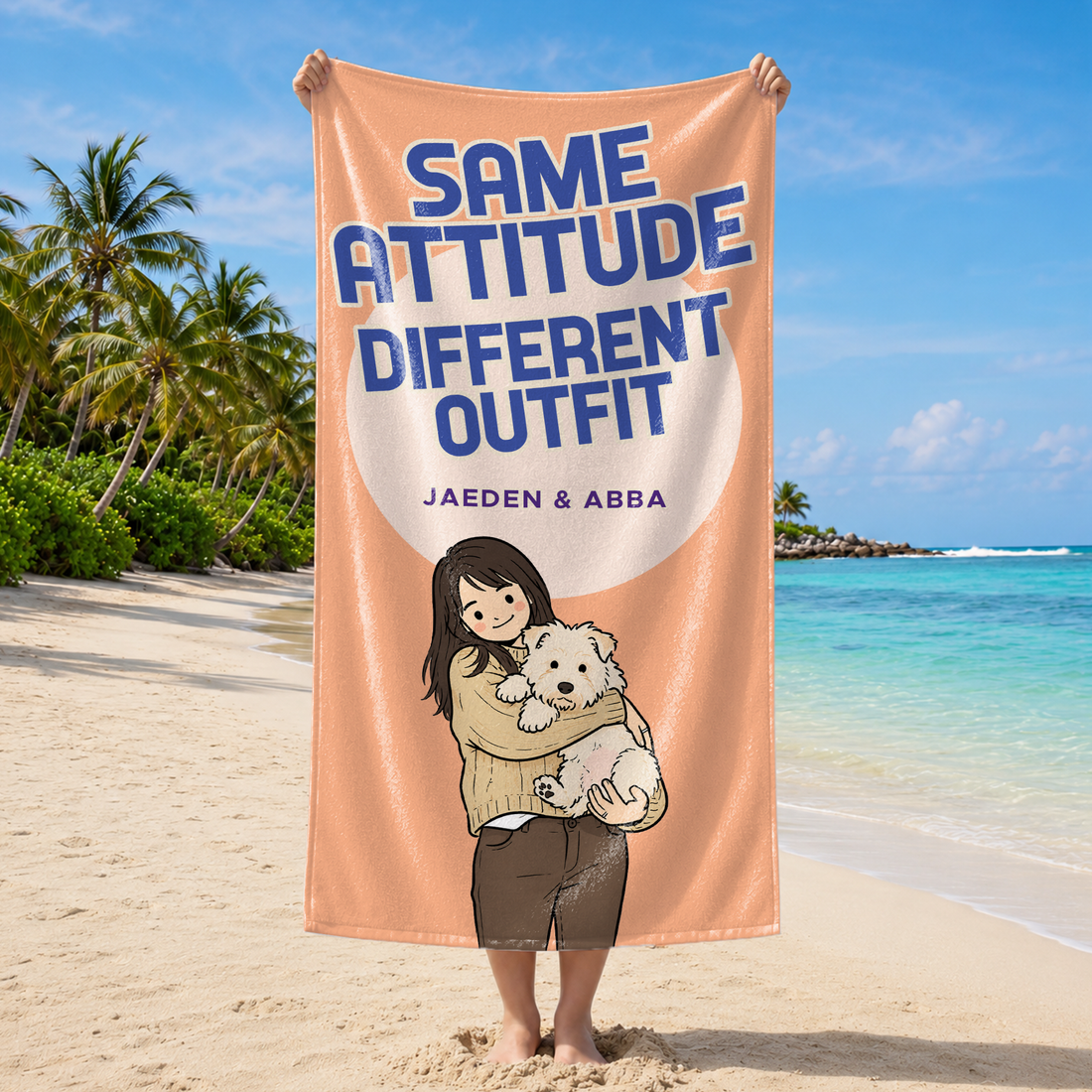 Custom Pet and Owner Funny Doodle Beach Towel with Personalized Text, Whimsical Summer Gift for Pet Parents