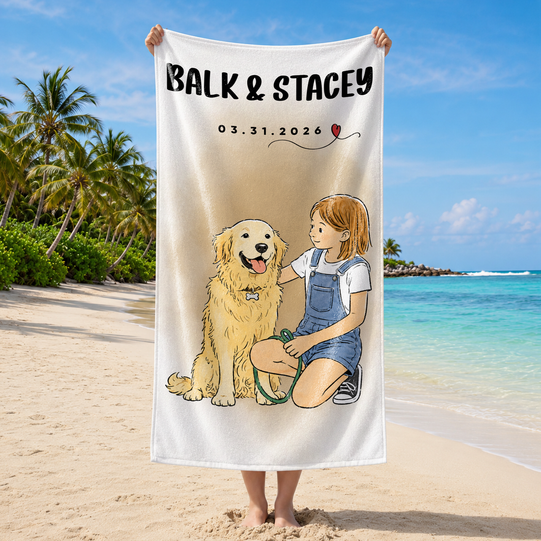 Custom Pet and Owner Watercolor Doodle Beach Towel with Personalized Text, Unique Summer Gift for Pet Parents