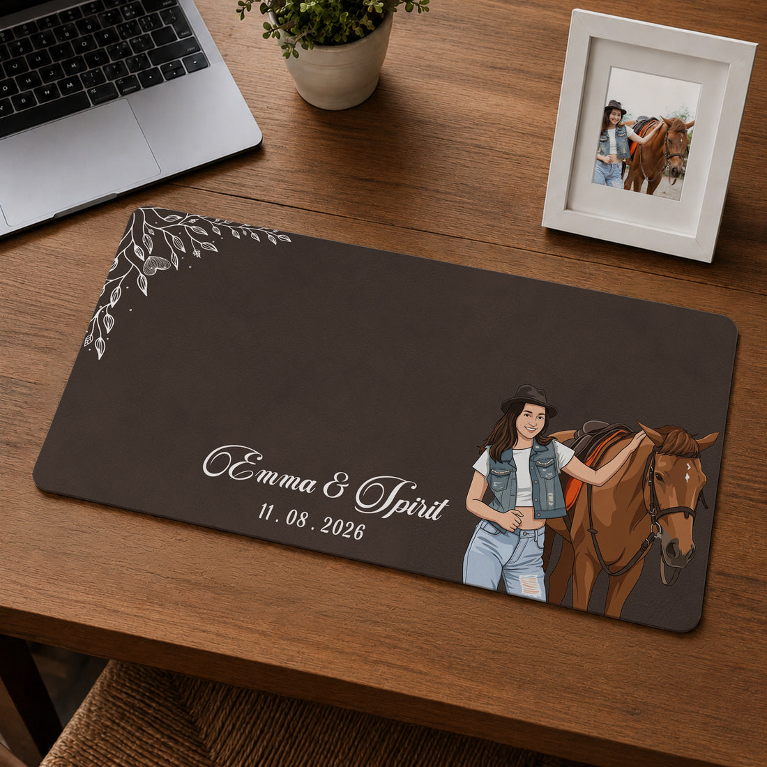 Custom Pet and Owner Portrait Illustration Desk Mat with Personalized Text, Personalized Pet Memory Desk Pad