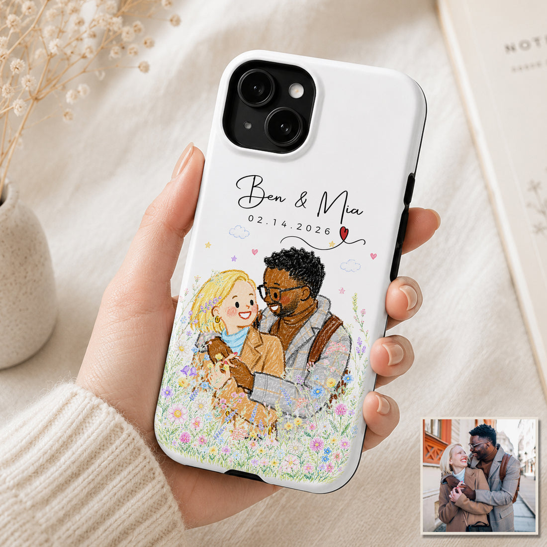 Tough Phone Case for iPhone & Samsung, Personalized Couple Anniversary Crayon Doodle Photo Case with Custom Text