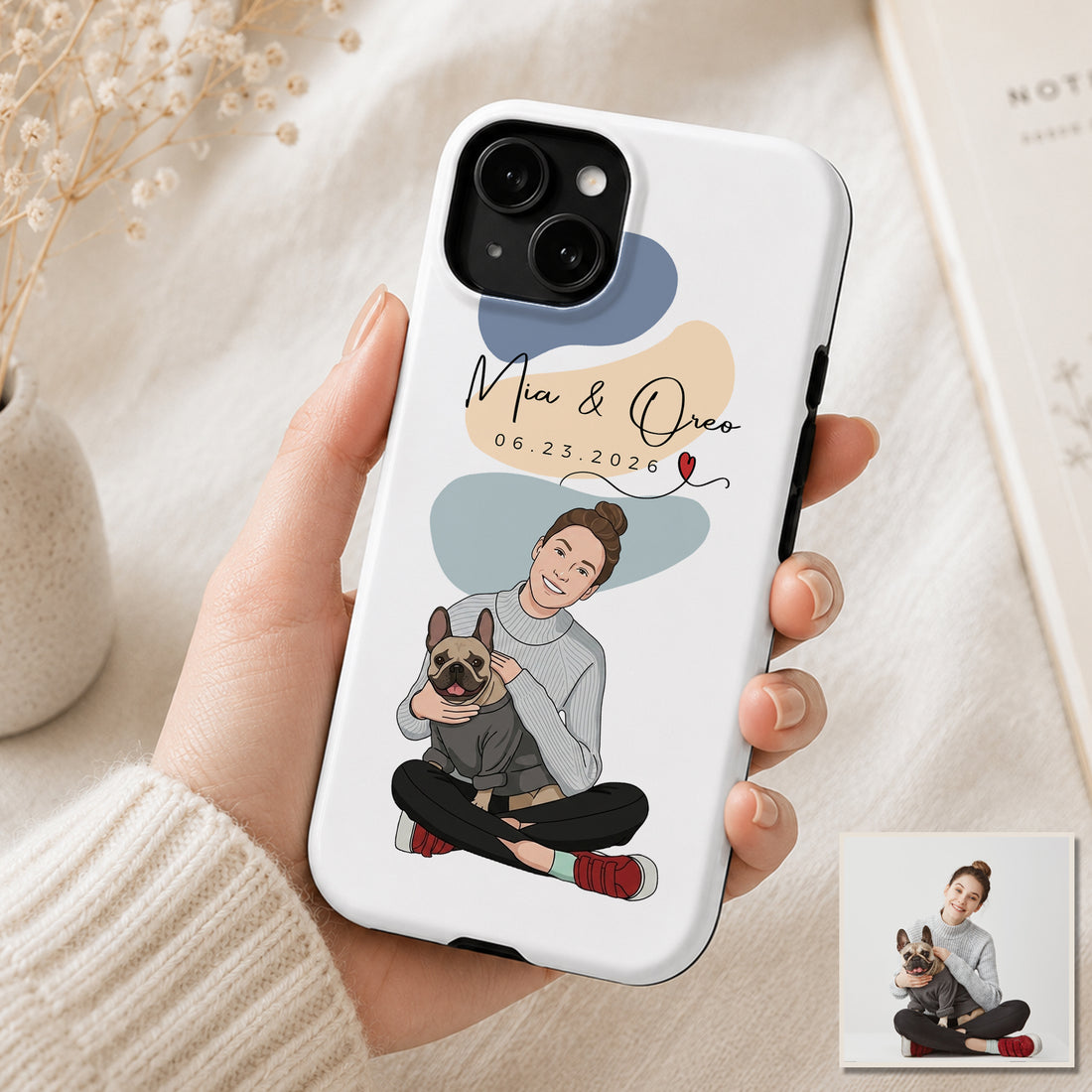 Tough Phone Case for iPhone & Samsung, Custom Pet & Owner Illustration Phone Case with Personalized Text