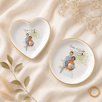 Personalized Wedding Sketch Doodle Trinket Dish with Custom Text, Custom Couple Ring Holder Keepsake Gift