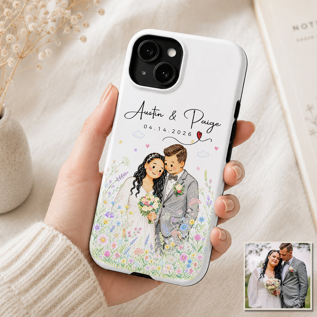Tough Phone Case for iPhone & Samsung, Personalized Wedding Crayon Doodle Photo Case with Custom Text