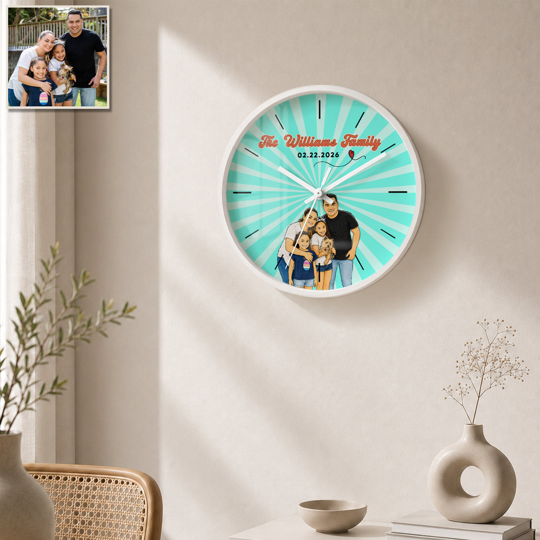 Personalized Family Watercolor Doodle Wall Clock with Custom Text, Custom Family Portrait Home Decor Gift