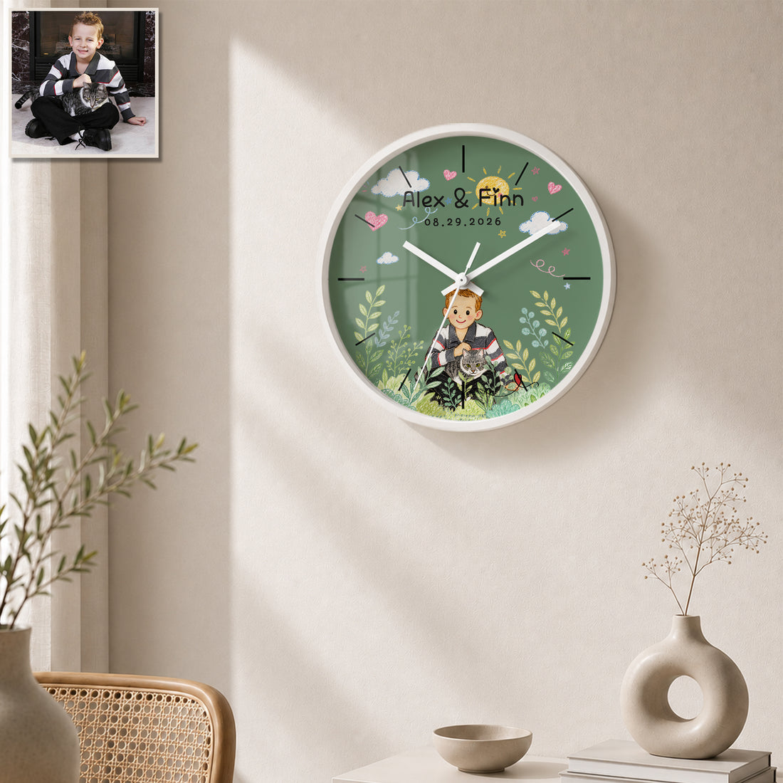 Personalized Pet and Owner Crayon Doodle Wall Clock with Custom Text, Custom Pet Portrait Home Decor Gift