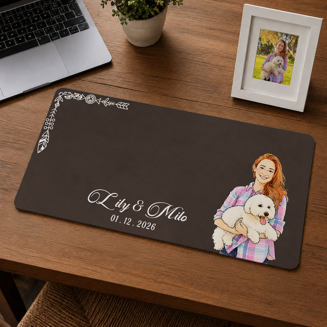 Custom Dog & Owner Photo Watercolor Doodle Desk Mat with Personalized Text, Cute Dog Lover Desk Pad Gift