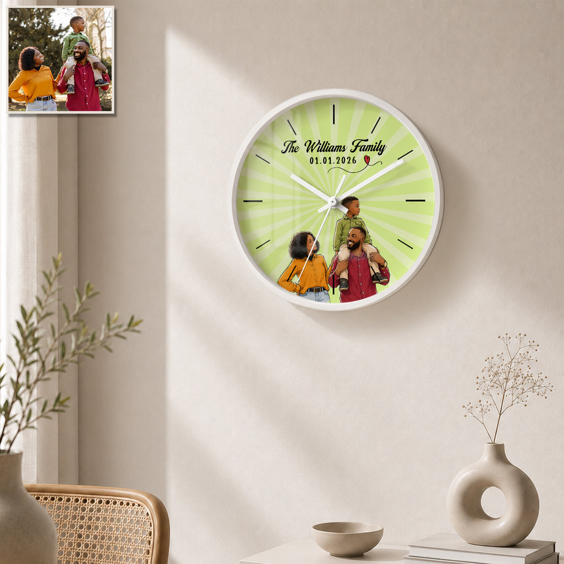 Personalized Family Sketch Doodle Wall Clock with Custom Text, Custom Family Portrait Home Decor Gift