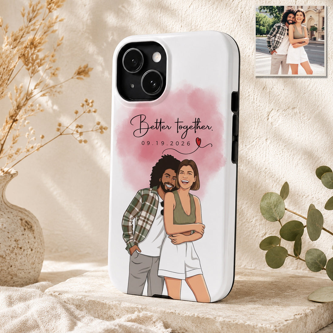 Tough Phone Case for iPhone & Samsung, Custom Couple Anniversary Illustration Case with Text