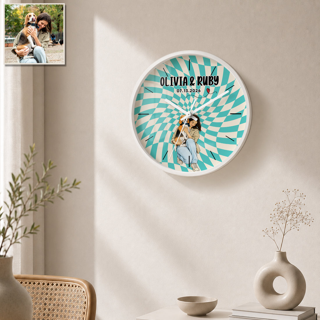 Personalized Dog, Cat & Owner Sketch Doodle Wall Clock with Custom Text, Custom Pet Portrait Home Decor Gift