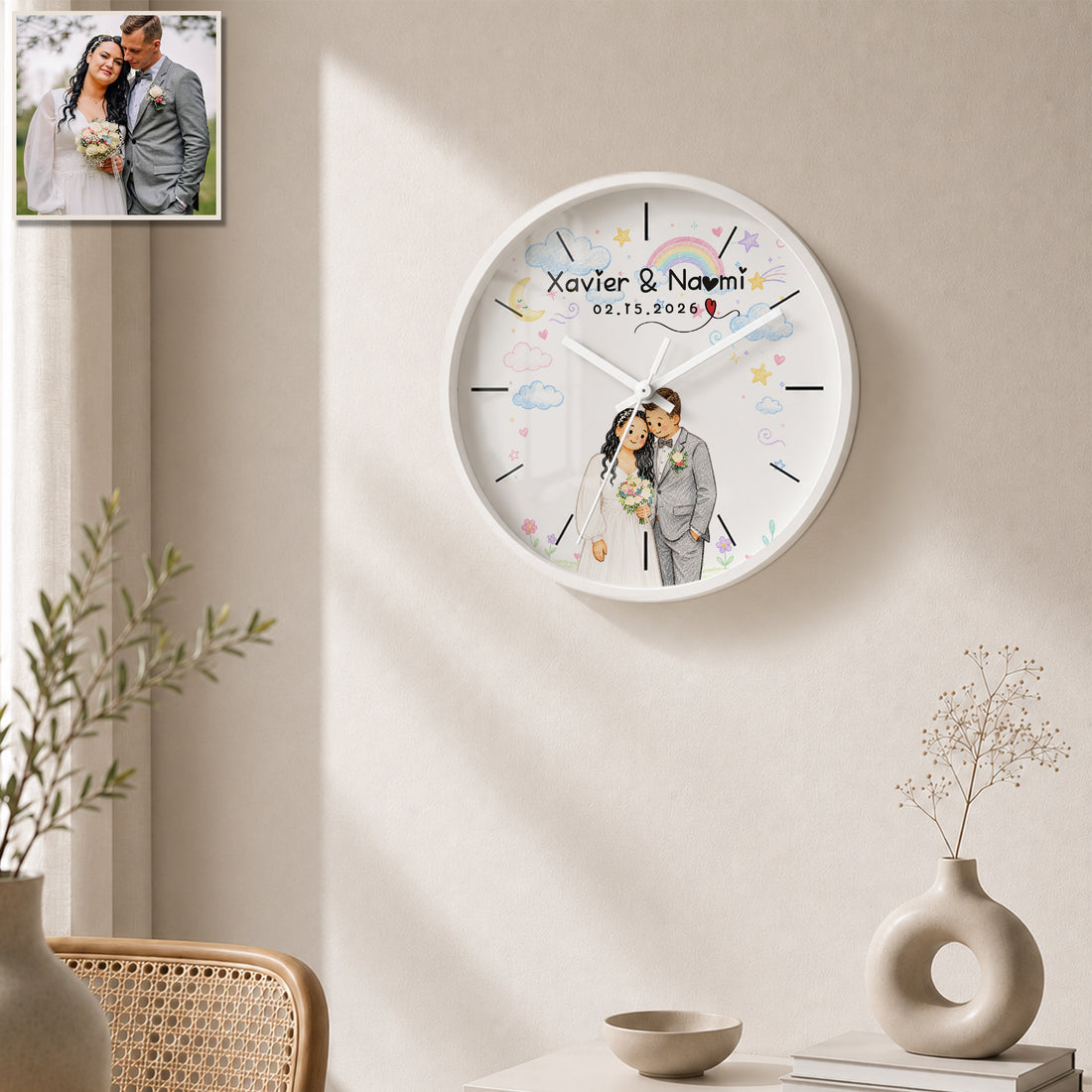 Personalized Wedding Crayon Doodle Wall Clock with Custom Text, Custom Wedding Portrait Home Decor Gift