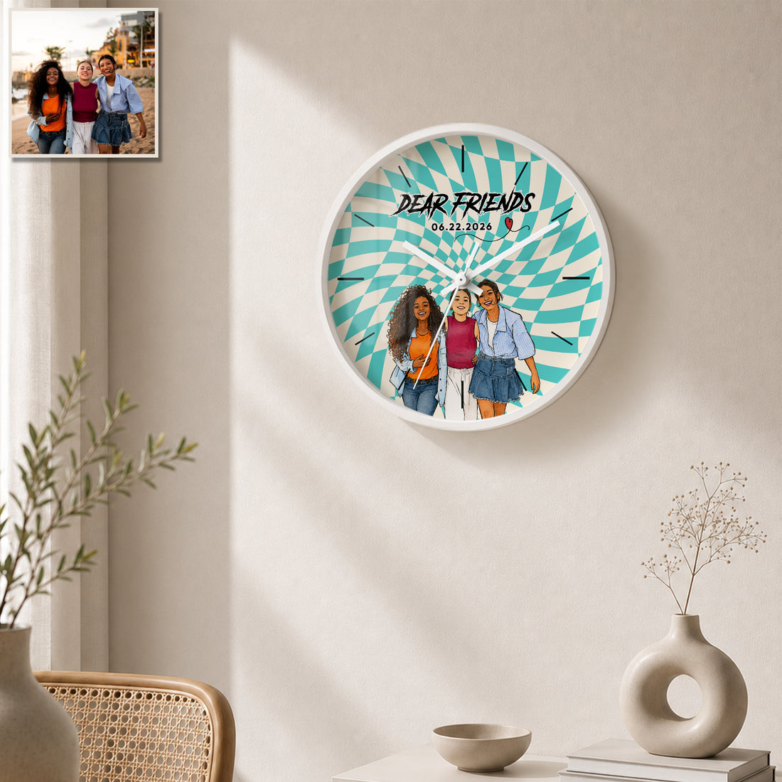 Personalized Friends Watercolor Doodle Wall Clock with Custom Text, Custom Friendship Portrait Home Decor Gift