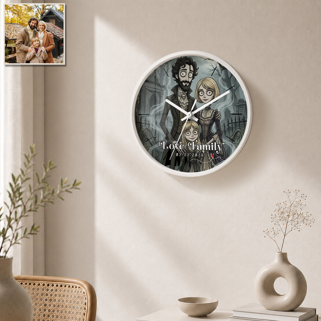 Personalized Family Gothic Wall Clock with Custom Text, Custom Family Portrait Home Decor Gift
