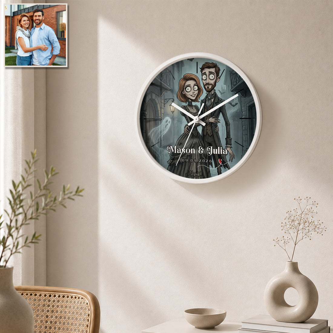 Personalized Gothic Couple Wall Clock with Custom Text, Custom Couple Portrait Home Decor Gift