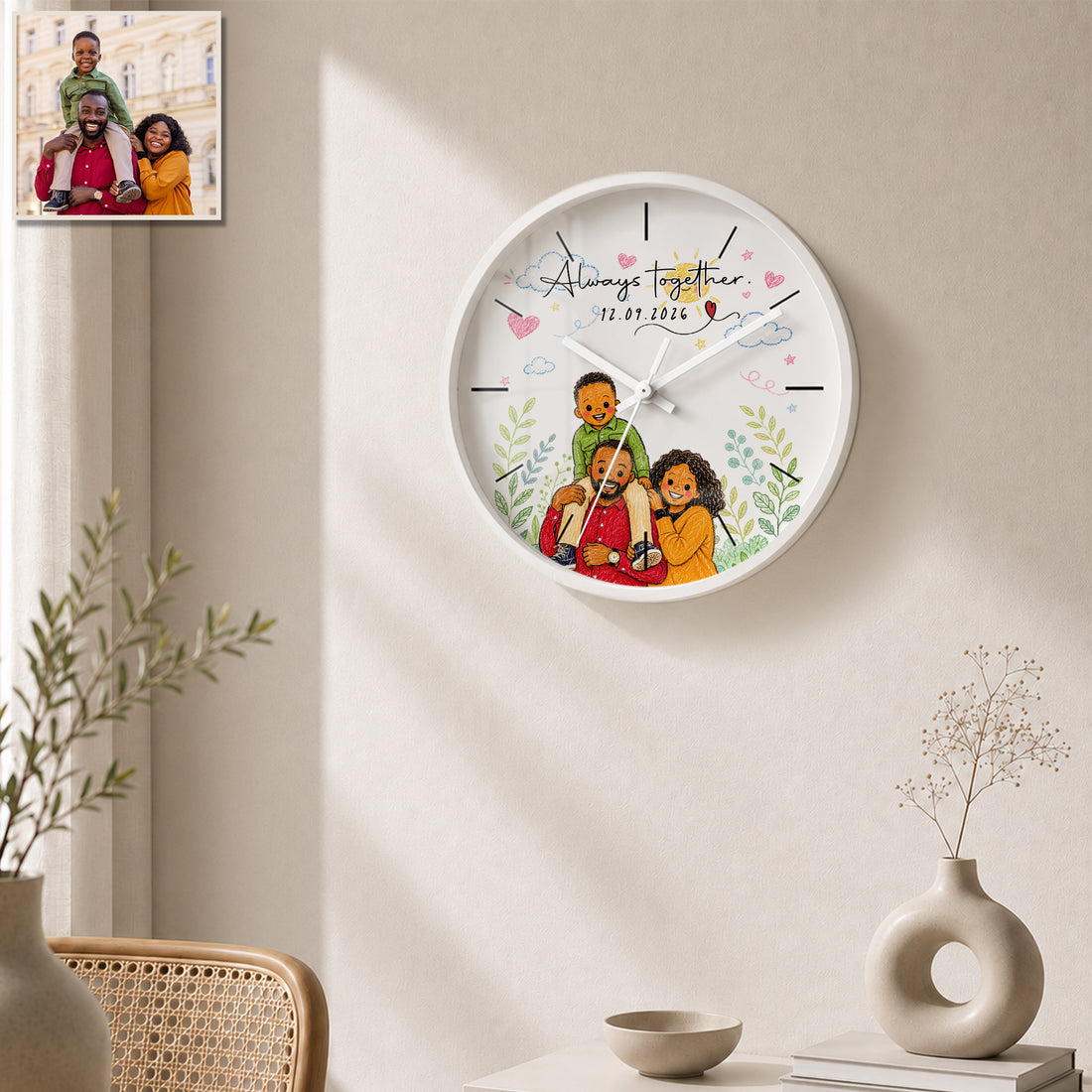 Personalized Family Crayon Doodle Wall Clock with Custom Text, Custom Family Portrait Home Decor Gift
