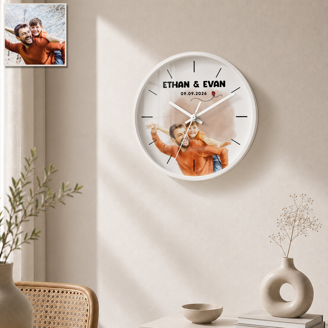 Personalized Dad and Grandpa Watercolor Wall Clock with Custom Text, Custom Family Portrait Home Decor Gift
