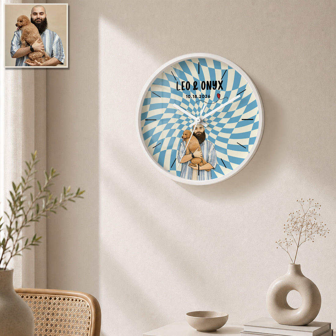 Personalized Dogs, Cats & Owner Watercolor Doodle Wall Clock with Custom Text, Custom Pet Portrait Home Decor Gift