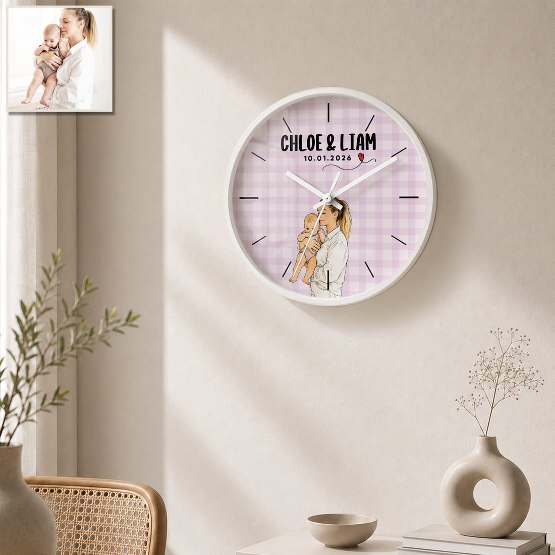 Personalized First Time Mom Sketch Doodle Wall Clock with Custom Text, Custom Mom and Baby Portrait Home Decor Gift