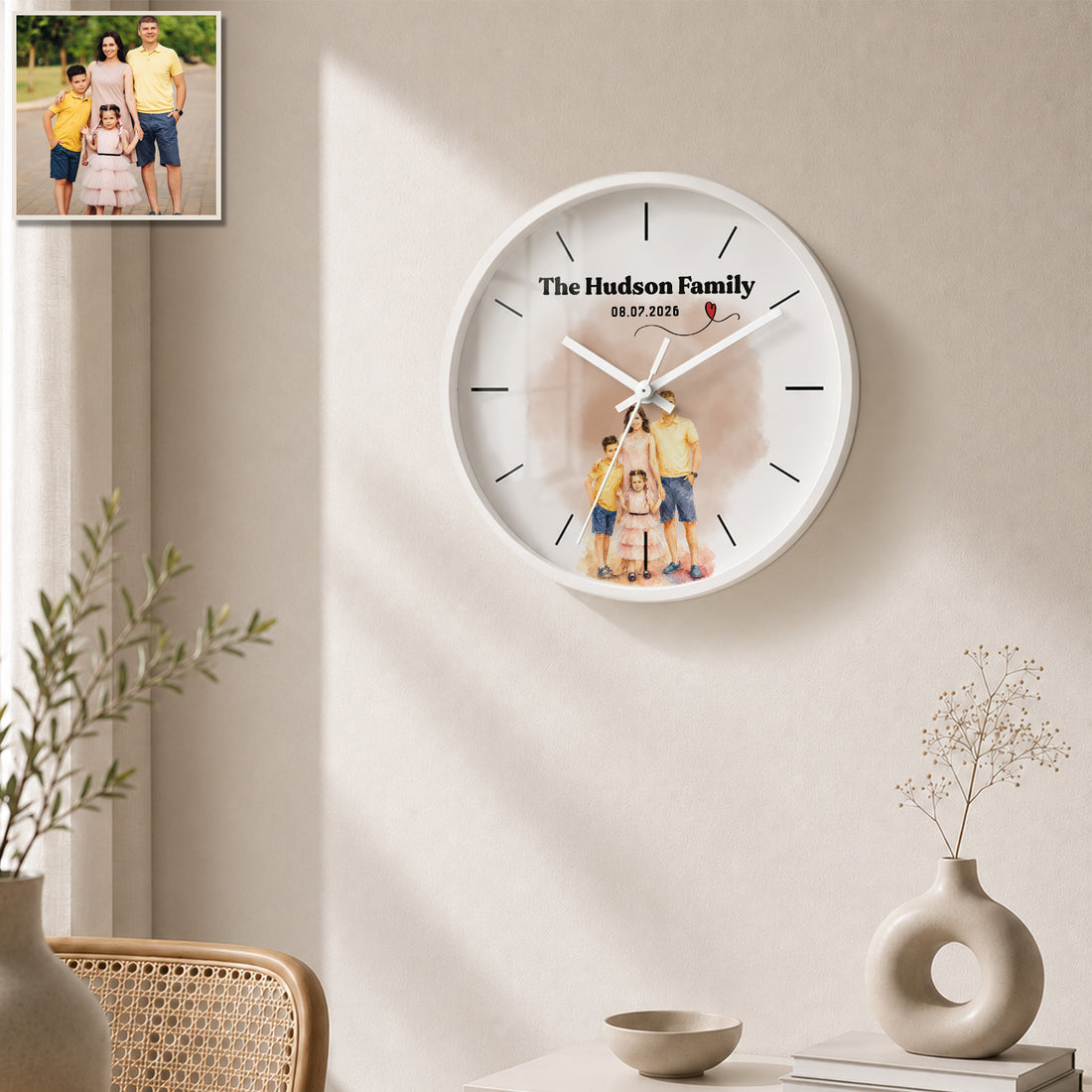 Personalized Family Watercolor Wall Clock with Custom Text, Custom Family Portrait Home Decor Gift