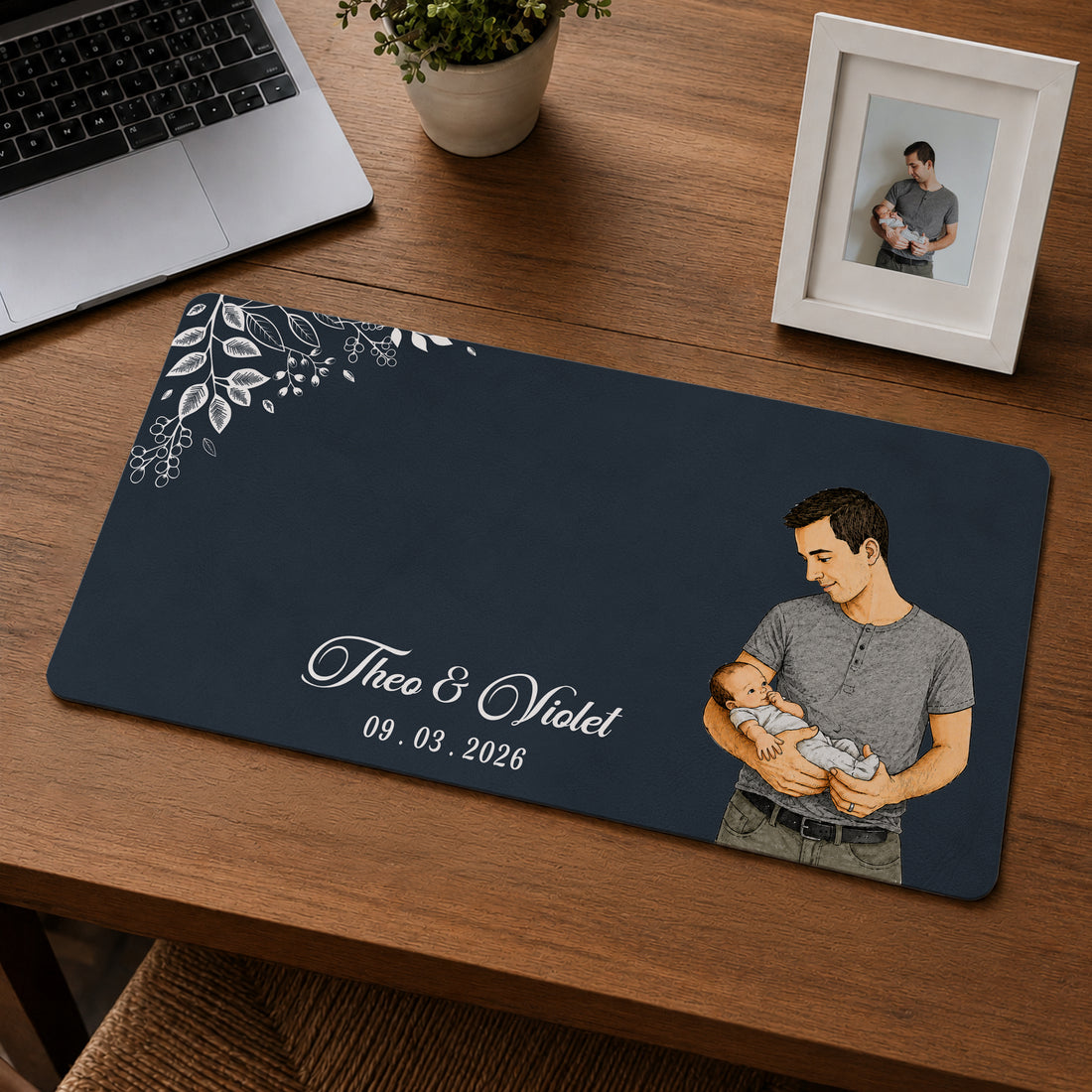 Personalized Baby With Dad Photo Sketch Doodle Desk Mat with Custom Text, Custom First Time Dad Desk Pad Gift