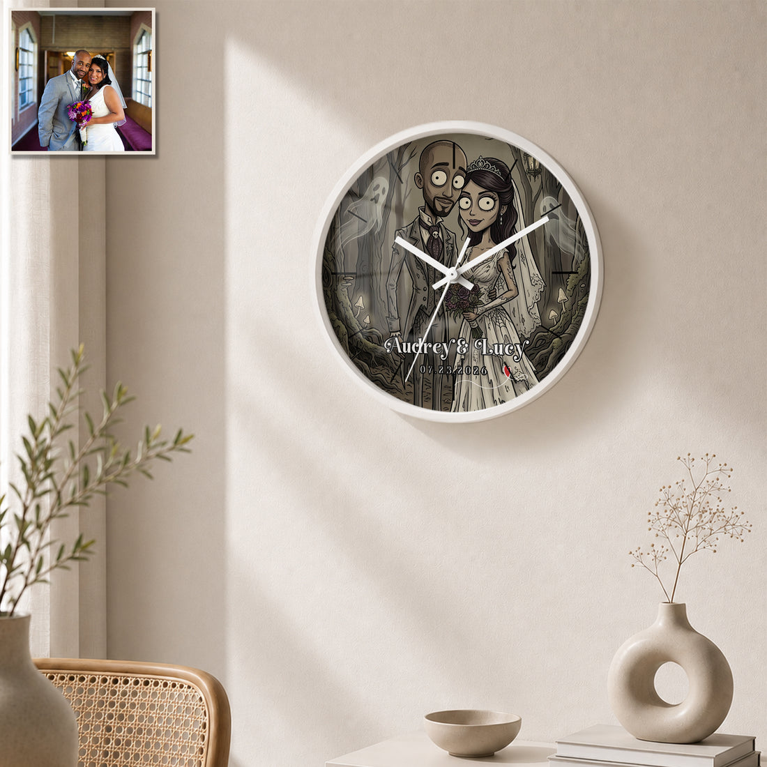 Personalized Gothic Wedding Wall Clock with Custom Text, Custom Wedding Portrait Home Decor Gift