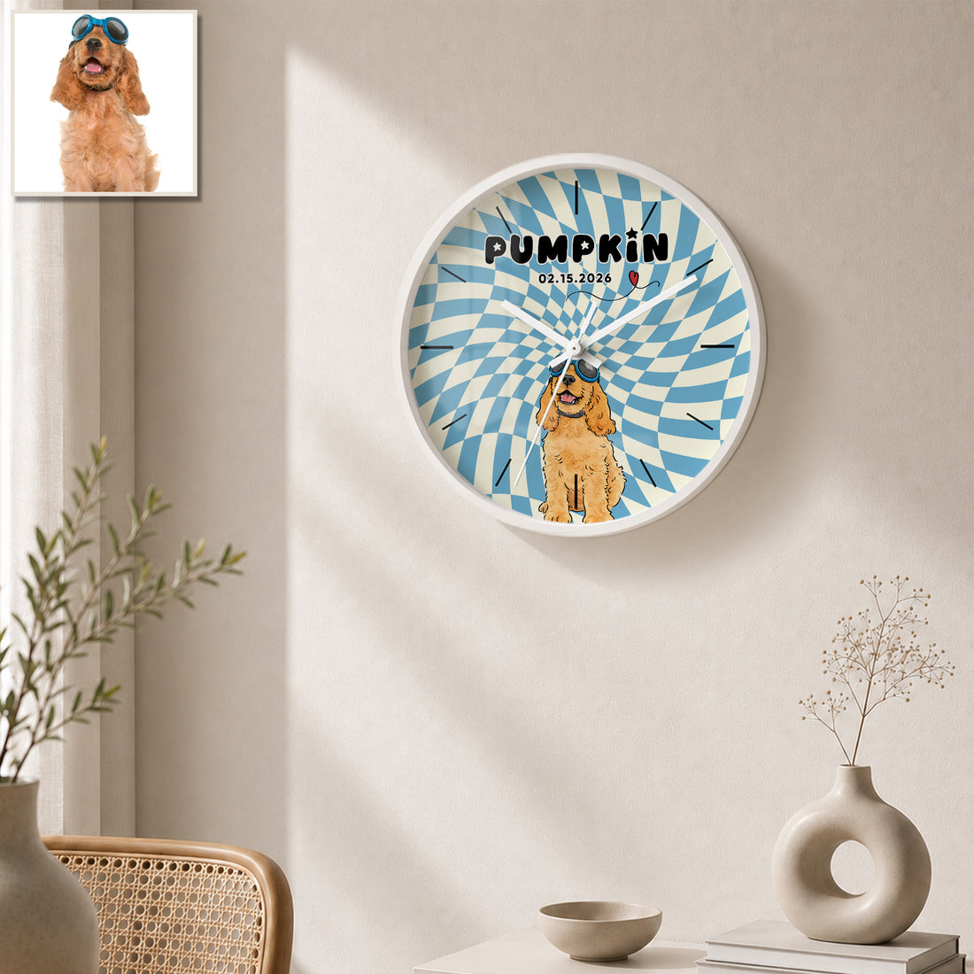 Personalized Pet Watercolor Doodle Wall Clock with Custom Text, Custom Pet Portrait Home Decor Gift