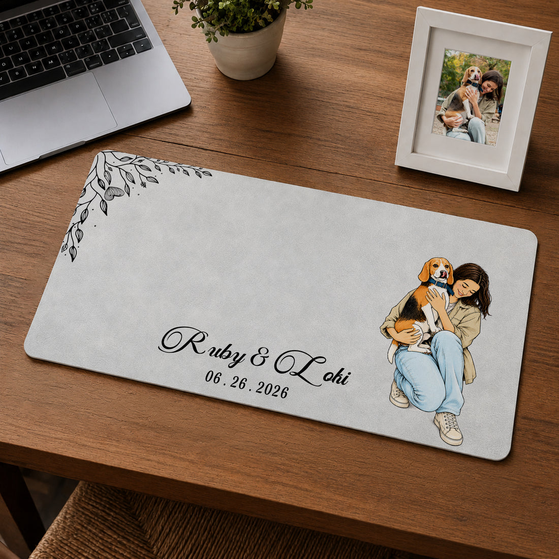 Custom Dog & Owner Photo Sketch Doodle Desk Mat with Personalized Text, Cute Dog Parent Desk Pad Gift
