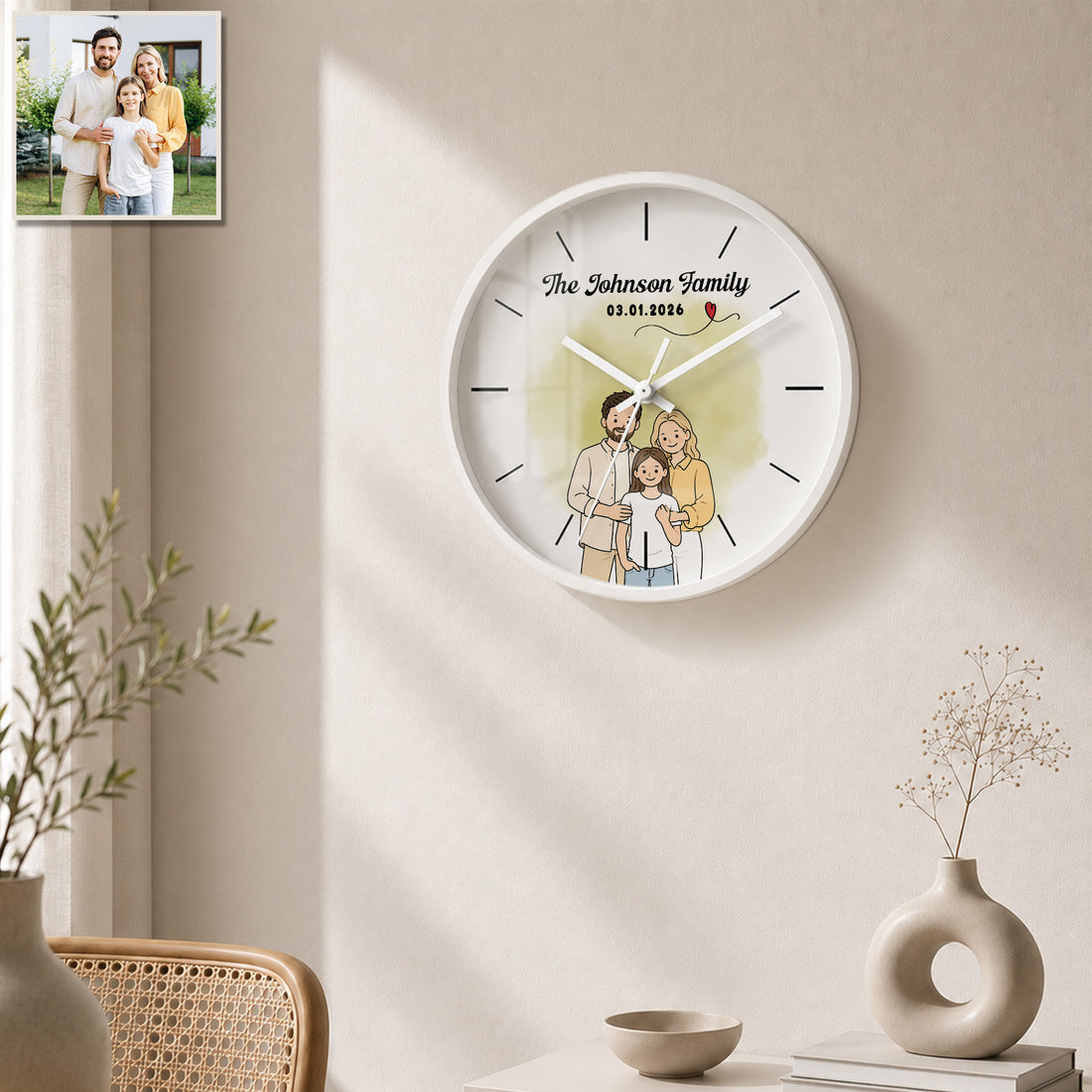 Personalized Big Family Funny Doodle Wall Clock with Custom Text, Custom Family Portrait Home Decor Gift