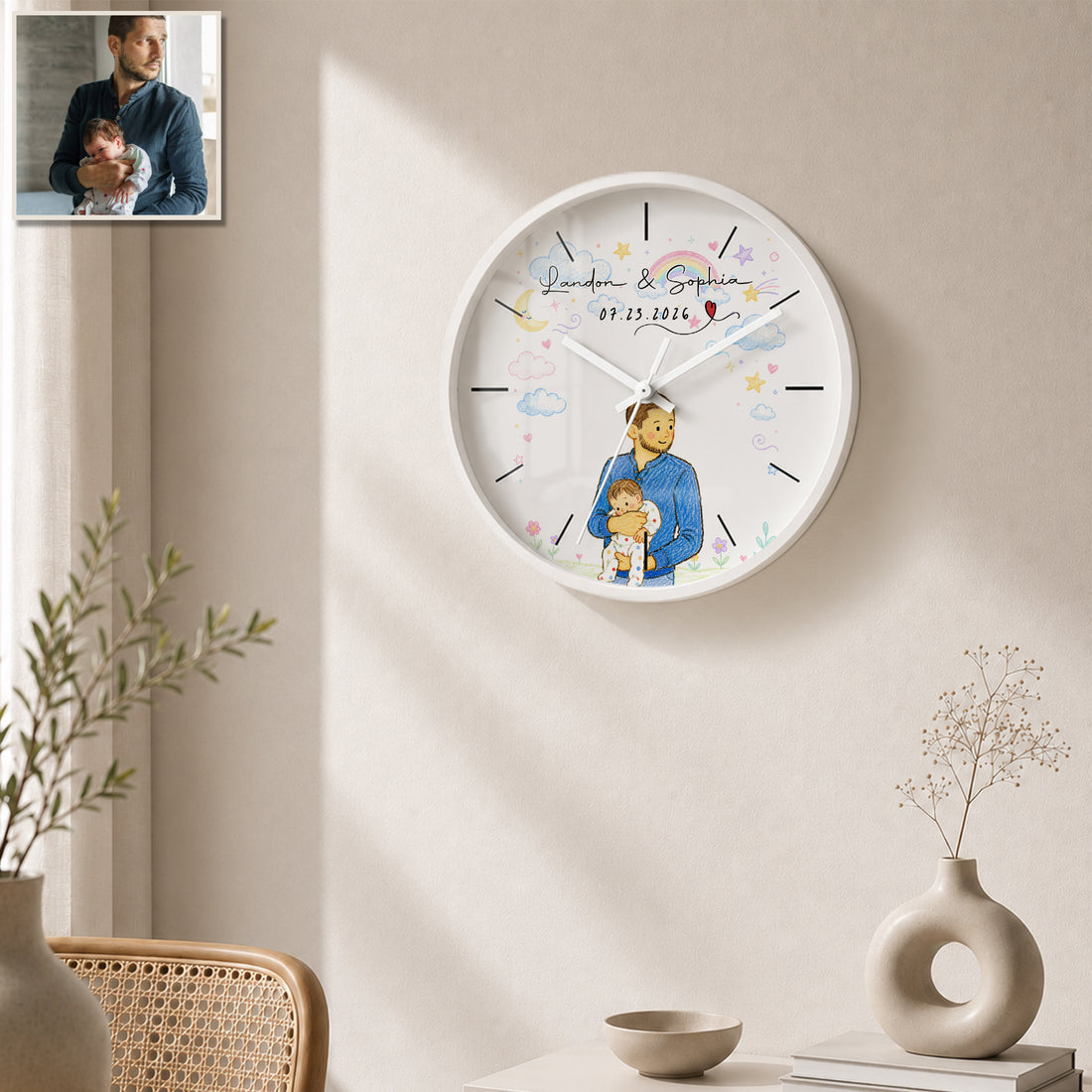 Personalized First Time Dad Crayon Doodle Wall Clock with Custom Text, Custom Dad and Baby Portrait Home Decor Gift