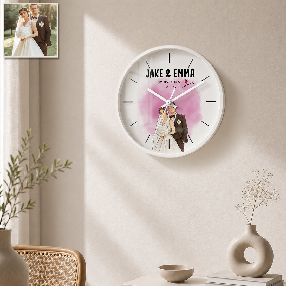 Personalized Wedding Pet and Owner Watercolor Doodle Wall Clock with Custom Text, Custom Pet Wedding Portrait Home Decor Gift
