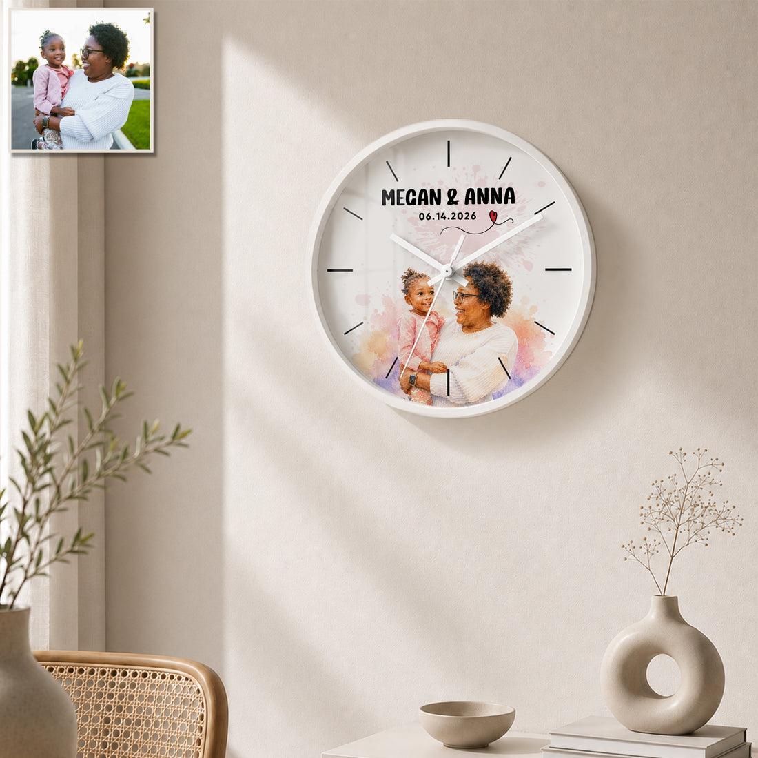 Personalized Mom and Grandma Watercolor Wall Clock with Custom Text, Custom Family Portrait Home Decor Gift