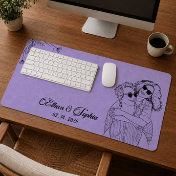 Personalized Young Couple Photo Detailed Line Art Desk Mat with Custom Text, Custom Romantic Desk Pad Gift
