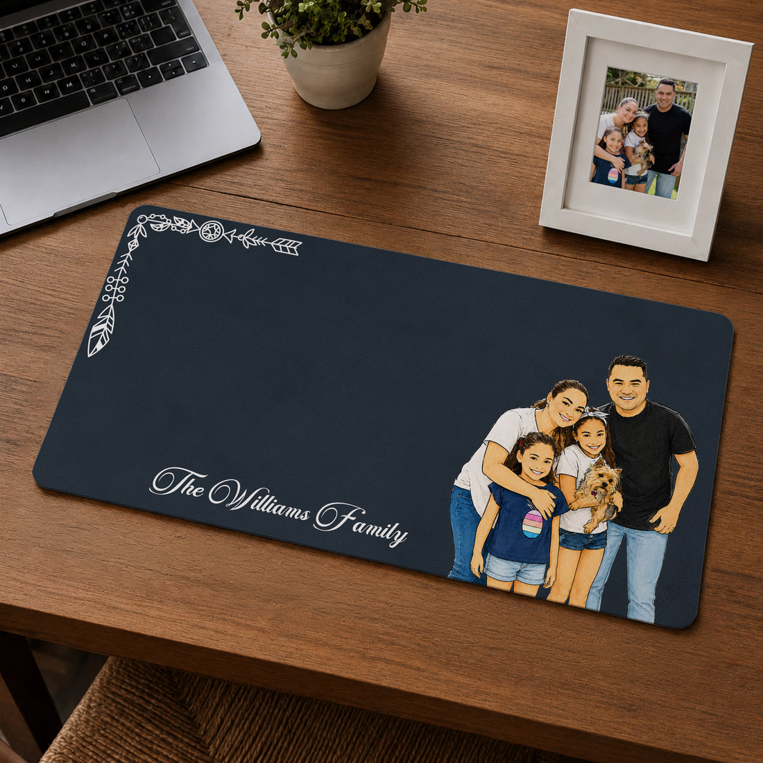 Personalized Big Family Photo Watercolor Doodle Desk Mat with Custom Text, Custom Family Desk Pad Gift