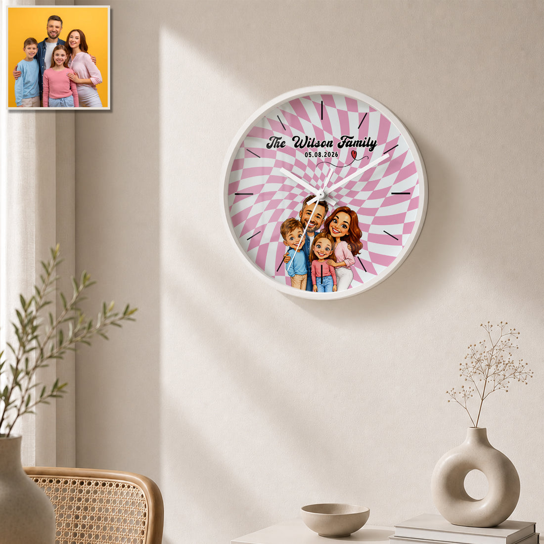 Personalized Family Caricature Wall Clock with Custom Text, Funny Custom Family Portrait Home Decor Gift