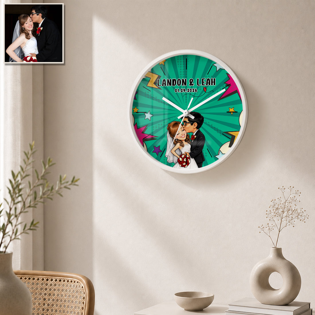 Personalized Wedding Caricature Wall Clock with Custom Text, Funny Custom Couple Portrait Home Decor Gift