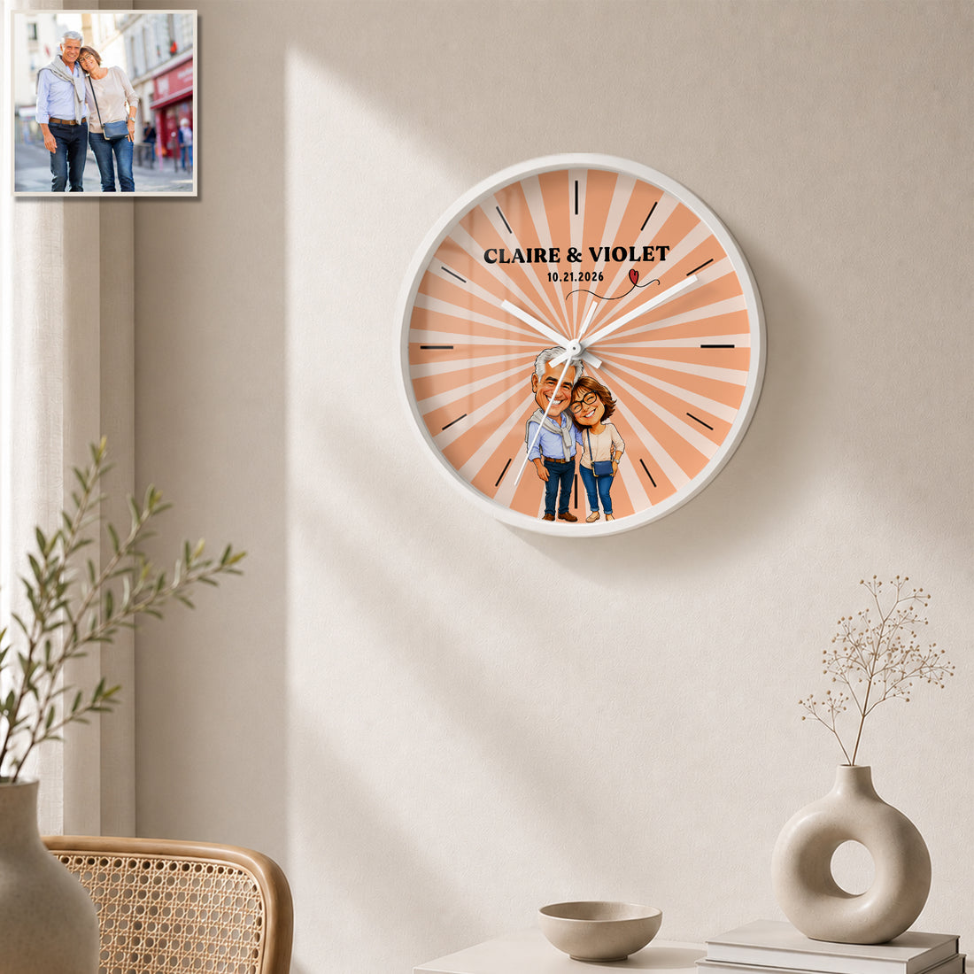 Personalized Couple Caricature Wall Clock with Custom Text, Funny Custom Couple Portrait Home Decor Gift