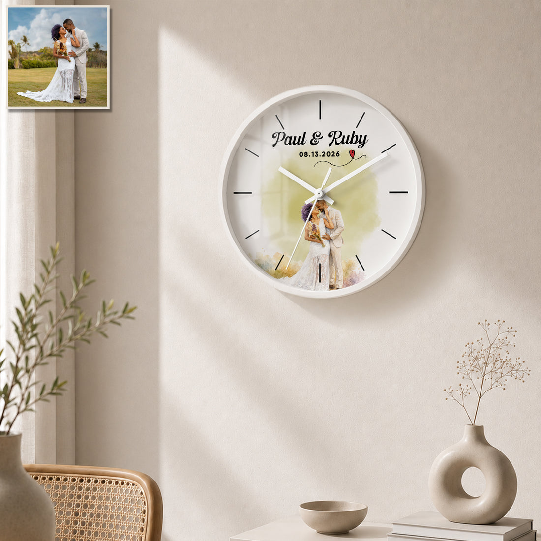 Personalized Wedding & Engagement Watercolor Wall Clock with Custom Text, Custom Couple Portrait Home Decor Gift