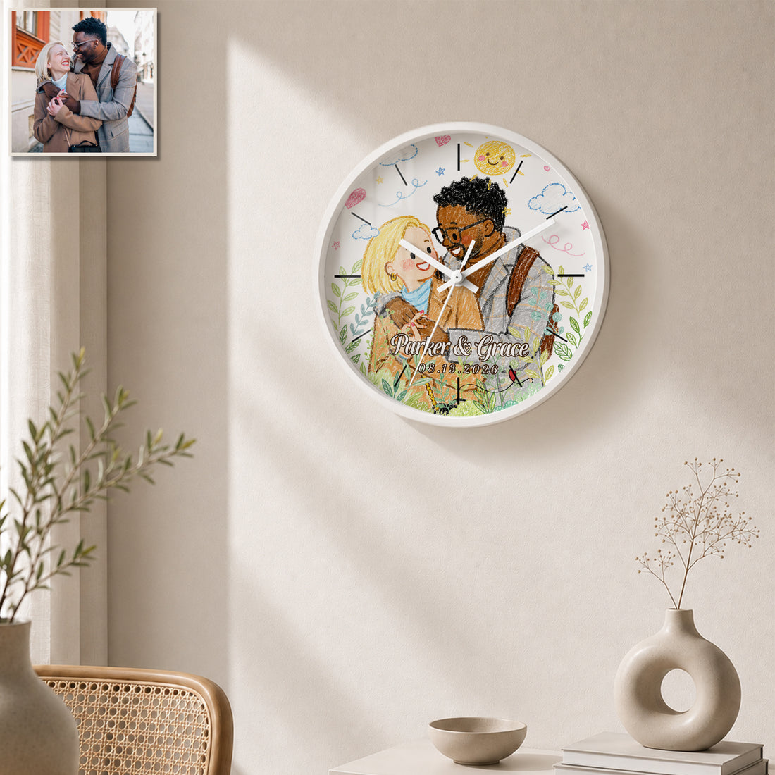 Personalized Couple Crayon Doodle Wall Clock with Custom Text, Custom Couple Portrait Home Decor Gift
