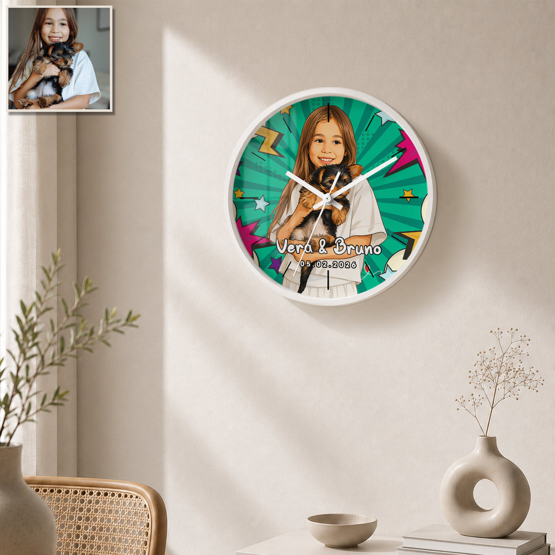 Personalized Pet & Pet Owner Pop Art Wall Clock with Custom Text, Custom Pet Portrait Home Decor Gift