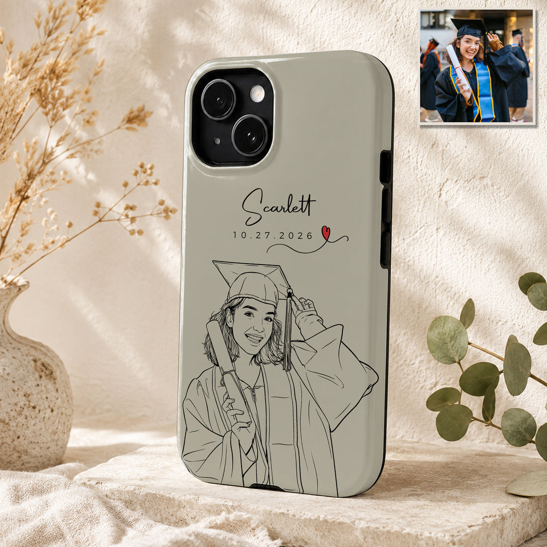 Tough Phone Case for iPhone & Samsung, Personalized Graduation Detailed Line Art Photo Case with Custom Text