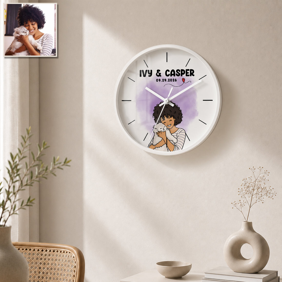Personalized Pet and Owner Funny Doodle Wall Clock with Custom Text, Custom Pet Portrait Home Decor Gift