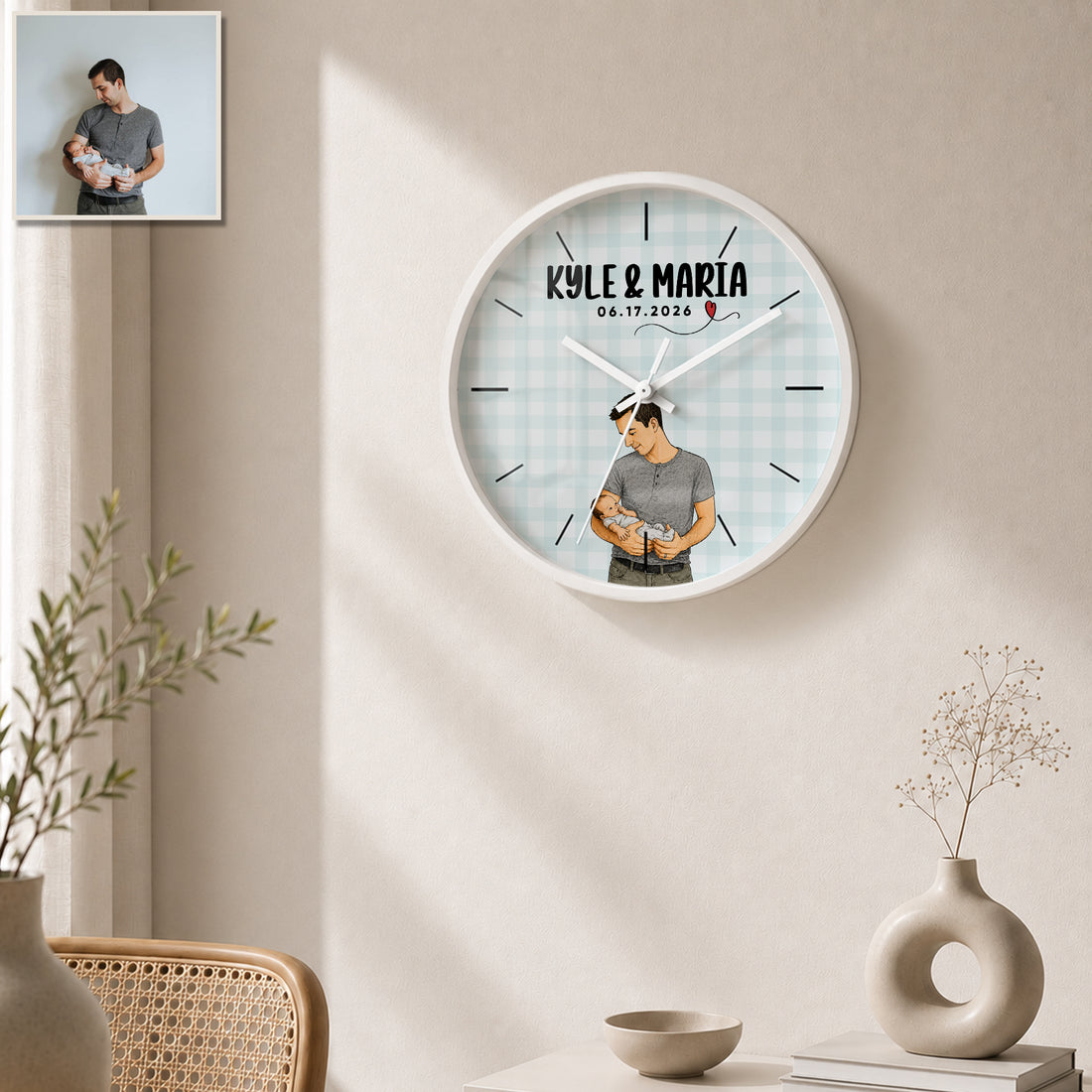 Personalized First Time Dad Sketch Doodle Wall Clock with Custom Text, Custom Father and Baby Portrait Home Decor Gift