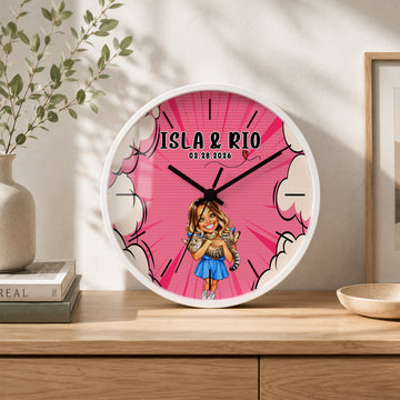 Personalized Pet and Owner Caricature Wall Clock with Custom Text, Funny Custom Pet Portrait Home Decor Gift