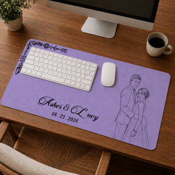 Personalized Wedding Photo Detailed Line Art Desk Mat with Custom Text, Custom Bride and Groom Desk Pad Gift