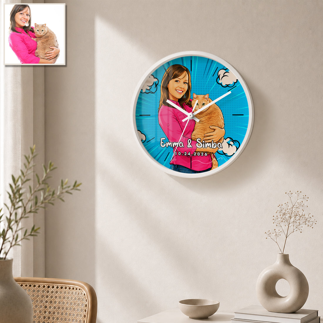 Personalized Pop Art Pet and Owner Wall Clock with Custom Text, Custom Pet Portrait Home Decor Gift