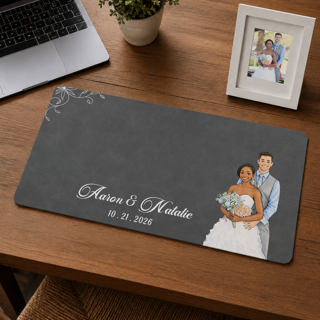 Personalized Wedding Photo Sketch Doodle Desk Mat with Custom Text, Custom Bride and Groom Desk Pad Gift