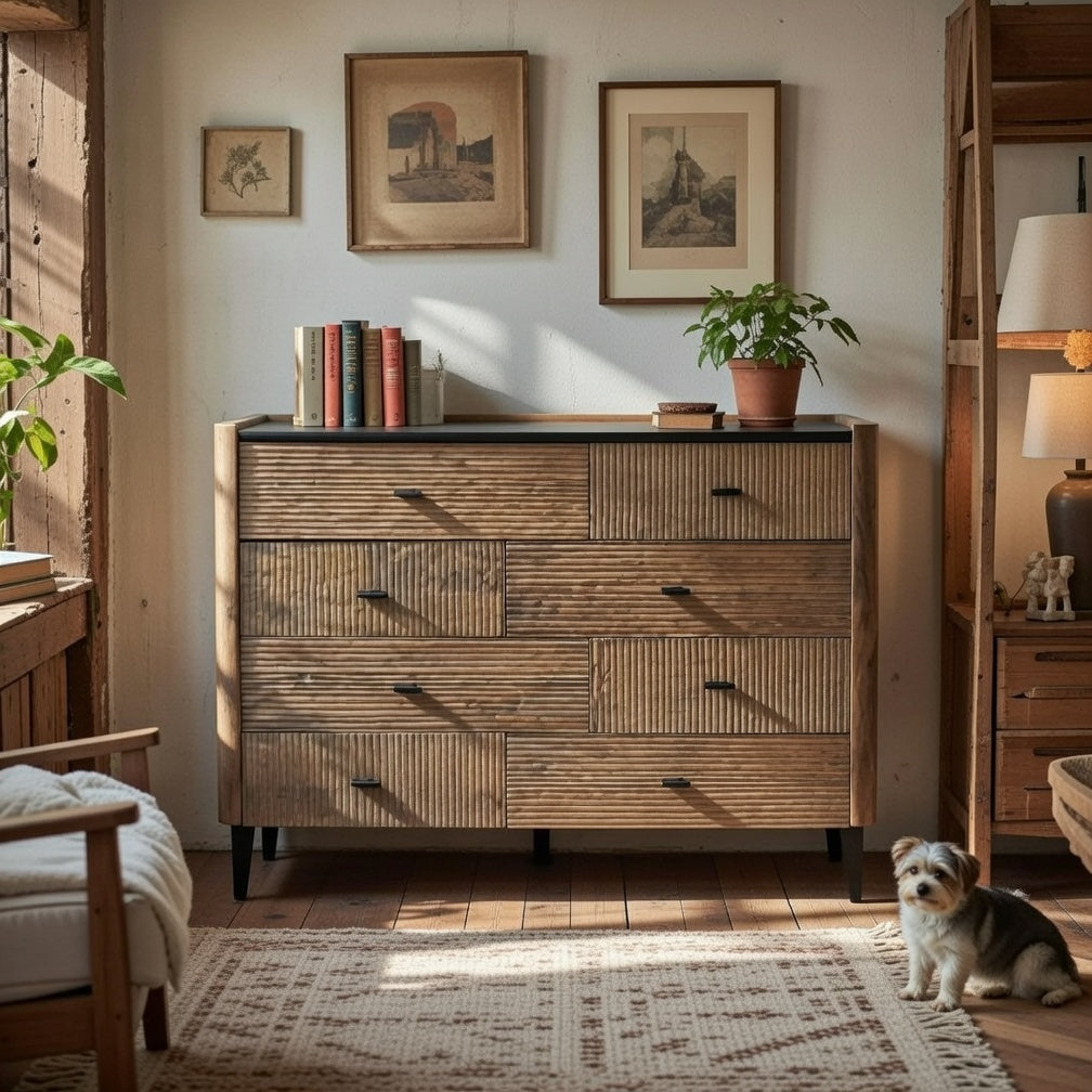 Chest of Drawers Solid Wood and Iron 130 × 90 × 45 cm Black Leather Top Harmo Design